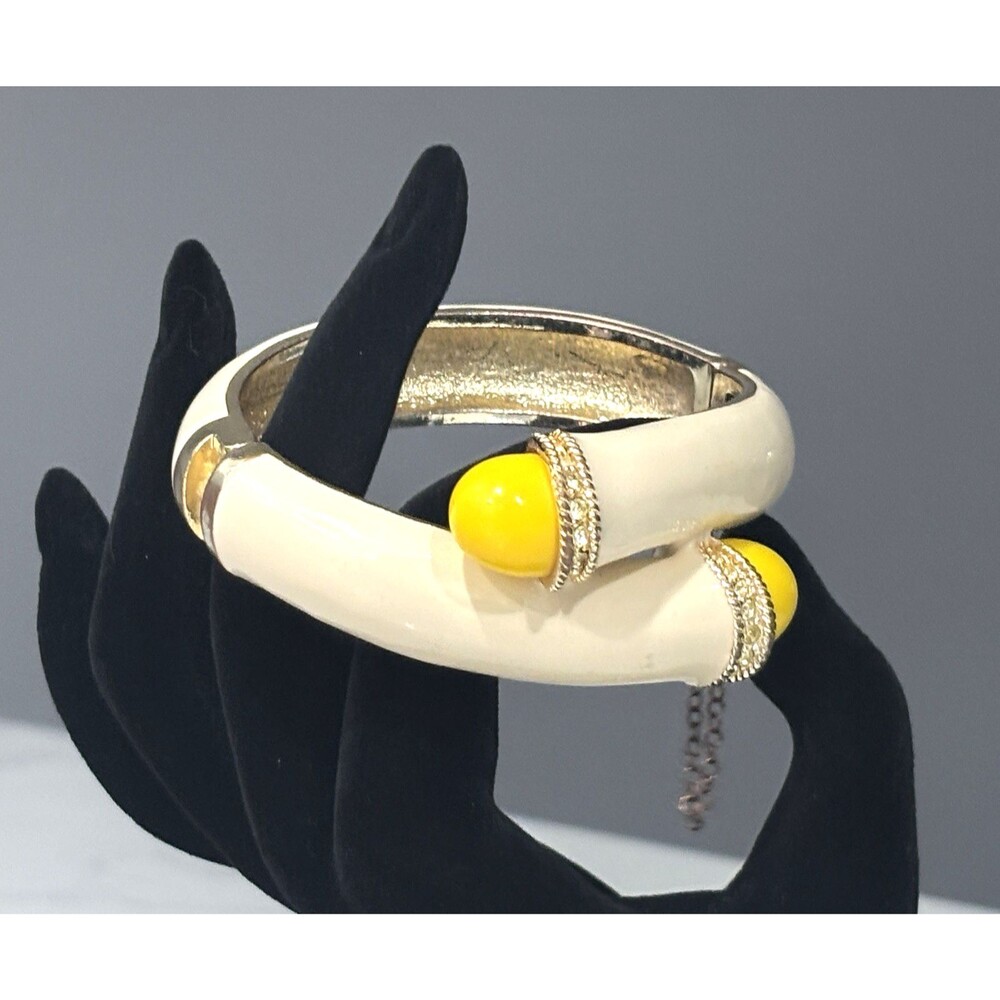 J Crew Enamel Bracelet Bypass Hinged Bangle Rhinestone Chunky Yellow 6.5"